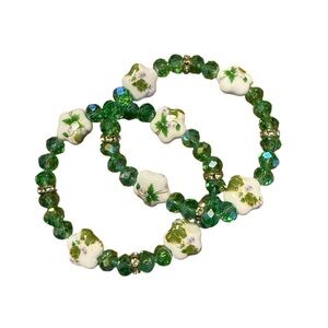 Green Glass Beaded Bracelets Set of 2